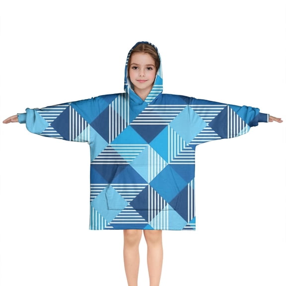 Blue Geometric Pattern Blanket Hoodies for Kids 6-13YR Oversize Wearable Blanket Hoodies for Boys Girls Teens