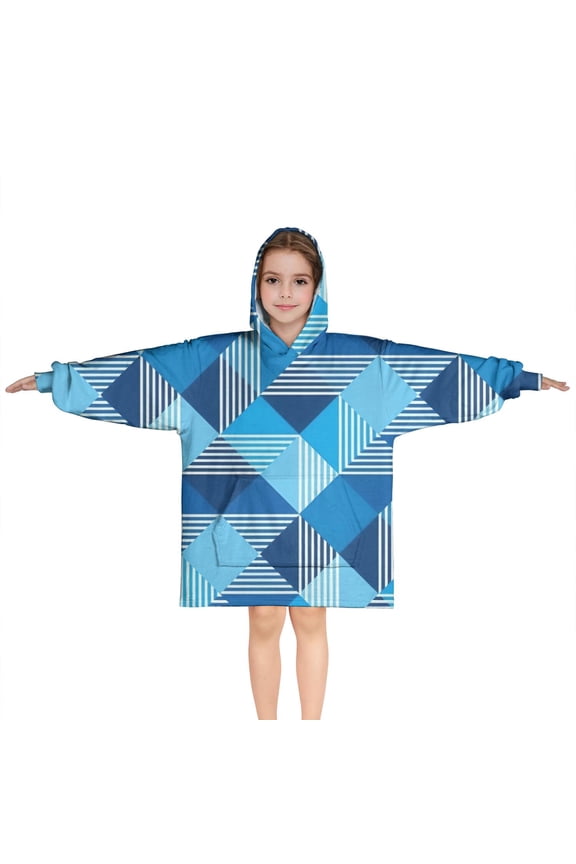 Blue Geometric Pattern Blanket Hoodies for Kids 6-13YR Oversize Wearable Blanket Hoodies for Boys Girls Teens