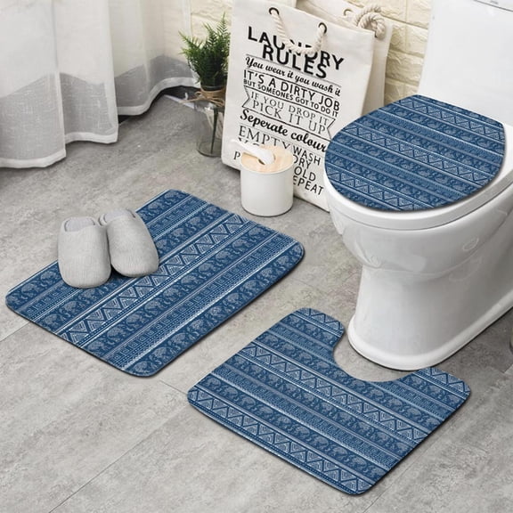 Blue Geometric Pattern with Elephants Bathroom Rugs Sets 3 Piece,Toilet Cover Set,Absorbent Non Slip Bathroom Mats Sets with U-Shaped Contour Rug Toilet Rug Set