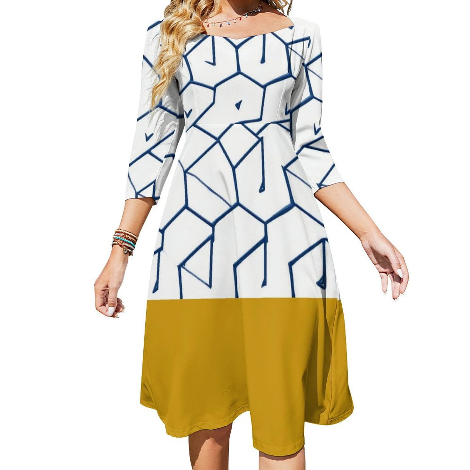 Blue Geometric Pattern Gold Base Dress Summer Dresses Woman Street ...
