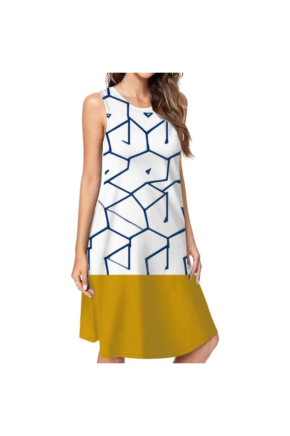 Blue Geometric Pattern Gold Base Spring Summer Dresses For Women Fashion Dress Casual Sleeveless Loose Sundress With Pockets