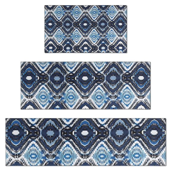 Blue Geometric Pattern Kitchen Rugs Sets Of 3,Kitchen Runner Rugs Non Skid Washable,Decorative Kitchen Floor Mats for Kitchen,Sink,Laundry,17"x30"+ 17"x47" + 17"x59"