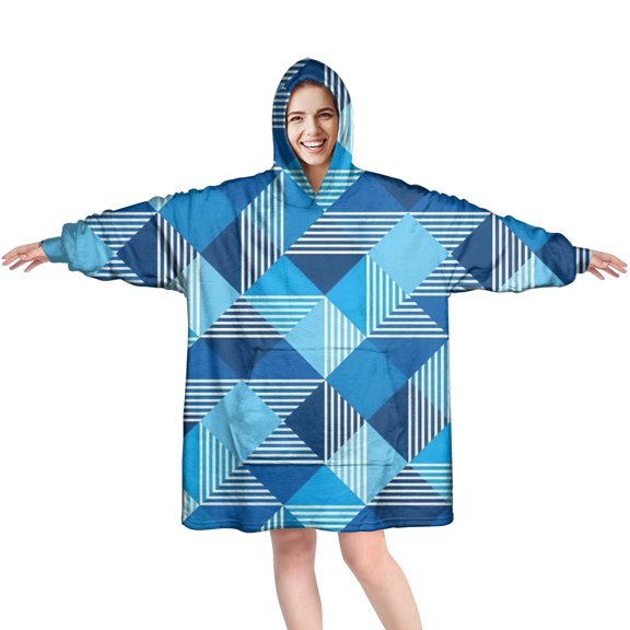 Blue Geometric Pattern Wearable Oversized Blanket,Wearable Blanket Hoodie for Adults,Cozy Hooded Blankets with Super Pockets,Super Warm Fuzzy Pullover for Women & Men