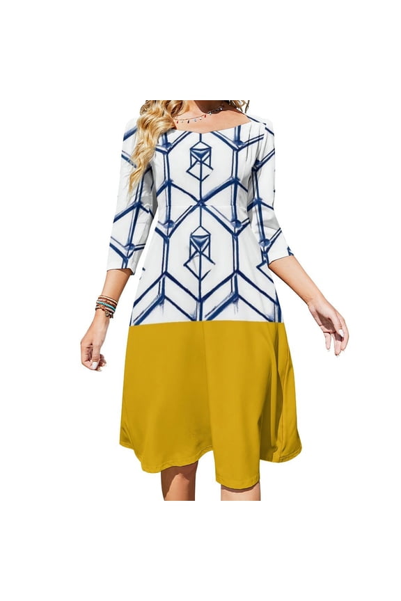 Blue Geometric Pattern Yellow Base Sweetheart Knot Flared Dress Fashion Design Large Size Loose Dress Spring Summer Women Dress