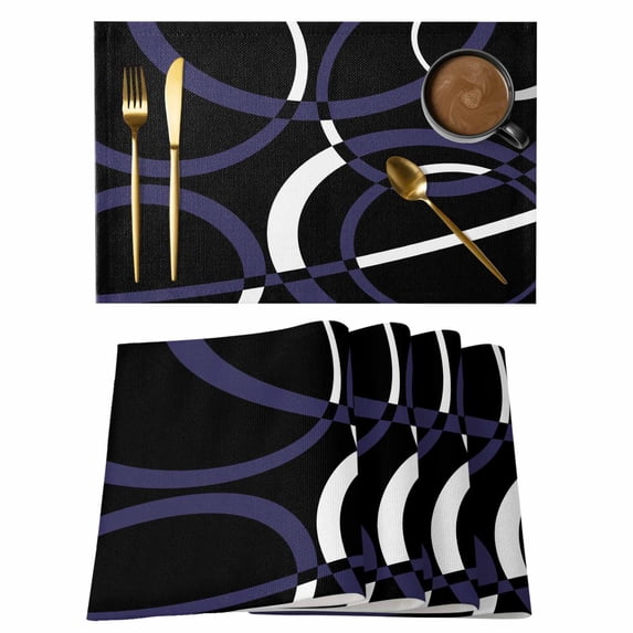 Blue Geometric Placemats Set of 4, Contemporary White Abstract Lines Black Placemats for Dining Table, Place Mats for Kitchen Tabletop, Waterproof Wipeable Dining Table Mats Set