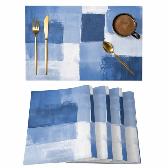 Blue Geometric Placemats Set of 4, Watercolor Ombre Modern Abstract Art Placemats for Dining Table, Place Mats for Kitchen Tabletop, Waterproof Wipeable Dining Table Mats Set