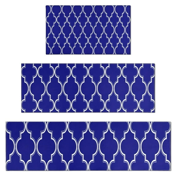 Blue Geometric Quatrefoil Pattern Kitchen Rugs Sets Of 3,Kitchen Runner Rugs Non Skid Washable,Decorative Kitchen Floor Mats for Kitchen,Sink,Laundry,17"x30"+ 17"x47" + 17"x59"