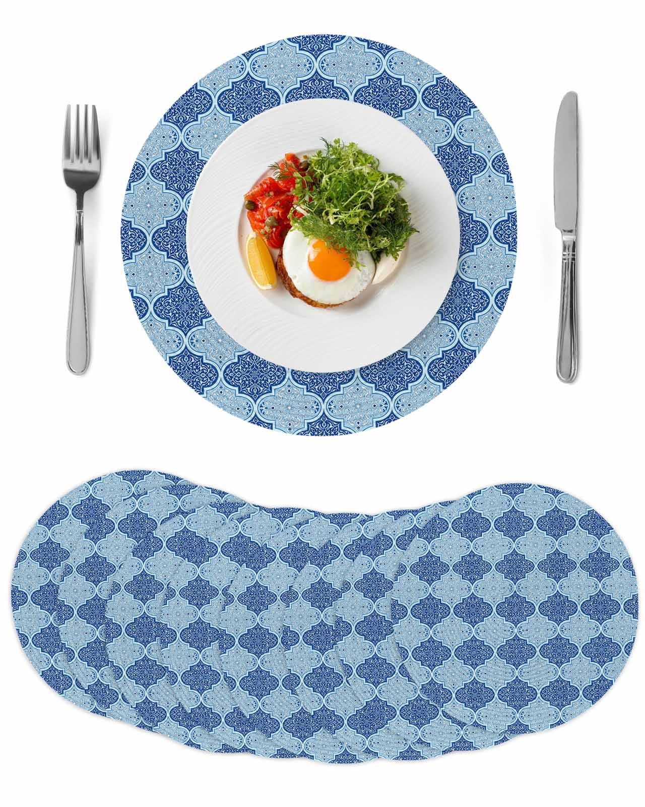 Blue Geometric Round 13 Inch Placemats Set of 8, Retro Morocco Abstract ...