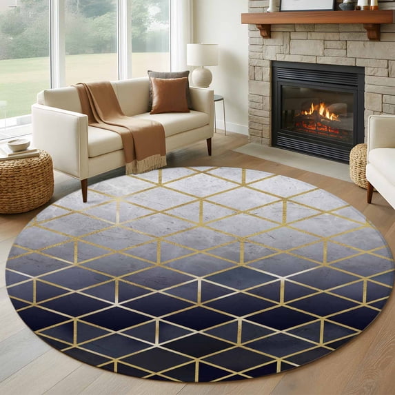 Blue Geometric Round Area Rug 7Ft Washable Circle Rugs for Dorm Laundry Room, Modern Abstract Gradient Marble Non-Slip Carpet Floor Mats Indoor Outdoor Carpet Runner Aesthetic Home Decor