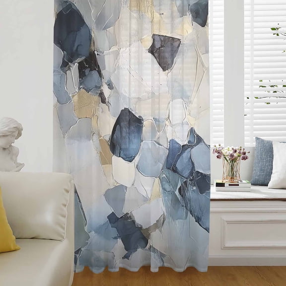 Blue Geometric Semi Sheer Curtains Drapes for Living Room, Bedroom, French Doors Window 72 Inches Long, Modern Abstract Oil Painted Rod Pocket Chiffon Curtain Drapery Voile Draperies Panel