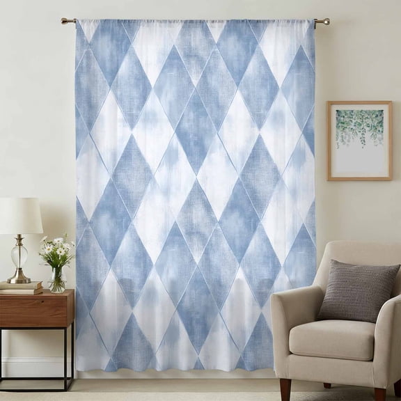 Blue Geometric Sheer Curtains 45 Inches Long, Simplistic Modern Abstract Hexagon Art Light Filering Curtains, Breathable Simi Curtain Privacy Drapes for Kitchen Bathroom Small Window Treatment