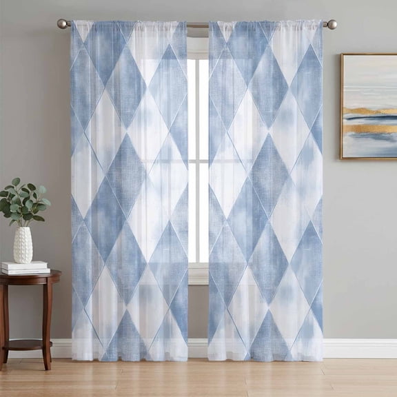 Blue Geometric Sheer Curtains 63 Inch Length 2 Panels Set, Simplistic Modern Abstract Hexagon Art Voile Window Treatment Rod Pocket Curtains Sheers Drapes for Bedroom/Living Room/Kitchen 52x"63"x2