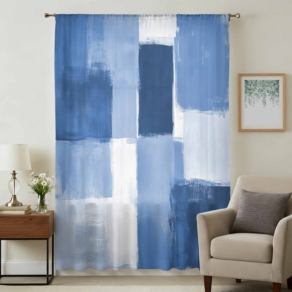 Blue Geometric Sheer Curtains 72 Inches Long, Watercolor Ombre Modern Abstract Art Light Filering Curtains, Breathable Simi Curtain Privacy Drapes for Living Room Bedroom Lightweight Window Treatment