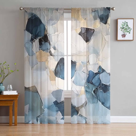 Blue Geometric Sheer Curtains 84 Inch Length 2 Panels Set for Living Room/Bedroom, Modern Abstract Oil Painted Semi Curtain Sheers Drapes Rod Pocket Curtains Window Treatment Set 52''x84''x2