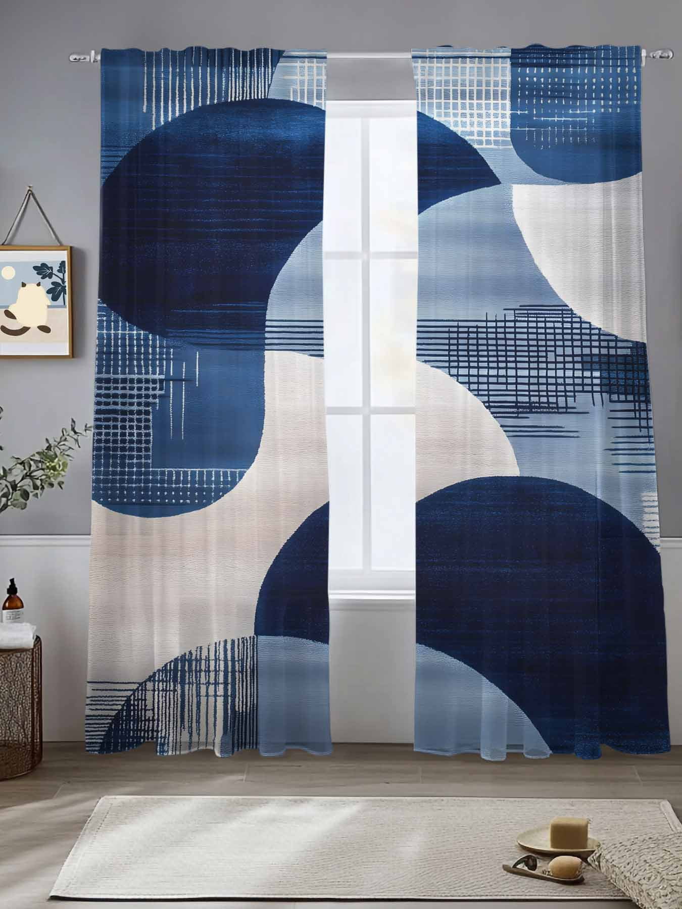 Blue Geometric Sheer Curtains for Living Room Bedroom Vintage White