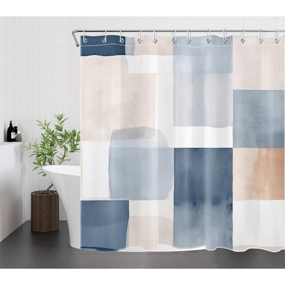 Blue Geometric Shower Curtain Light Blue And Beige Abstract Rectangle Pattern Fabric Shower Curtain Modern Simple Design Bathroom Shower Curtain Decor With Hooks 65"W x 72"L