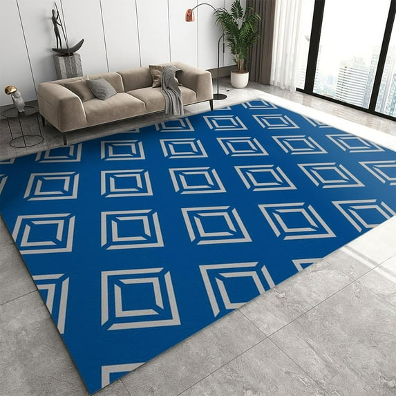 Blue Geometric Squares Area Rug Abstract Checkered Pattern Rugs for Living Room, with Anti-Slip Backing Washable Indoor Carpet for Living Room Bedroom Study Dining Room 5x7ft