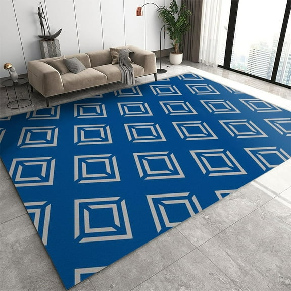 Blue Geometric Squares Area Rug Abstract Checkered Pattern Rugs for Living Room, with Anti-Slip Backing Washable Indoor Carpet for Living Room Bedroom Study Dining Room 2x3ft