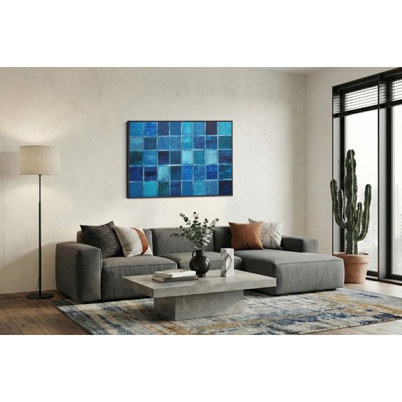 Blue Geometric Squares Grid Room Accent Wall Art Unframed Paper Print