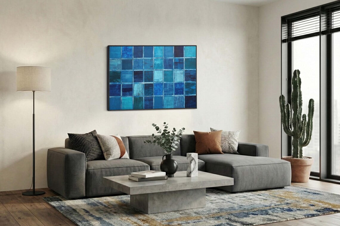 Blue Geometric Squares Wall Art Print, Abstract Grid Pattern And ...