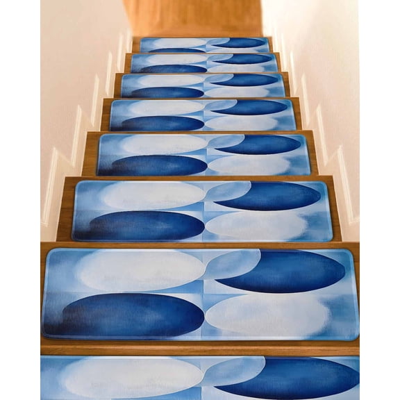 Blue Geometric Stair Treads for Wooden Steps Indoor Runner Rug Carpet, Gradient Abstract Contemporary Solid 4 Pieces Peel and Stick Staircase Step Treads Covers Washable Throw Door Mats, 30"x8"