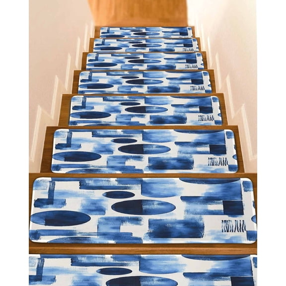 Blue Geometric Stair Treads for Wooden Steps Indoor Runner Rug Carpet, Modern Abstract Vintage Art Aesthetic 15 Pieces Peel and Stick Staircase Step Treads Covers Washable Throw Door Mats, 30"x8"