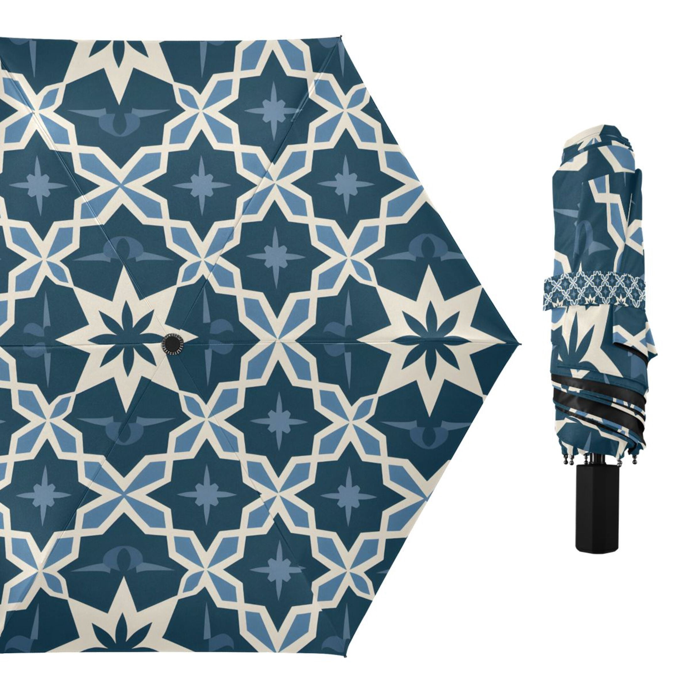 Blue Geometric Stars Compact Sun Umbrella Windproof Travel Umbrellas for Rain Strong Portable UV Protection