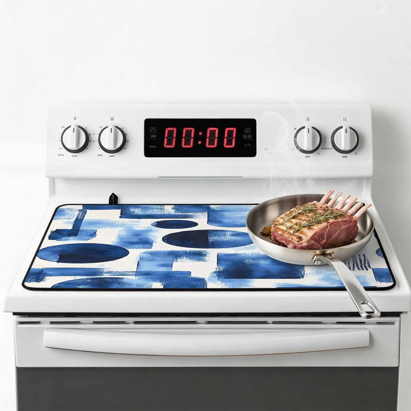 Blue Geometric Stove Top Cover for Electric Stove, Heat-proof & Non Slip Glass Top Stove Cover Protector, Modern Abstract Vintage Art Aesthetic Kitchen Flat Cooktop Rubber Mat 24x21 Inches