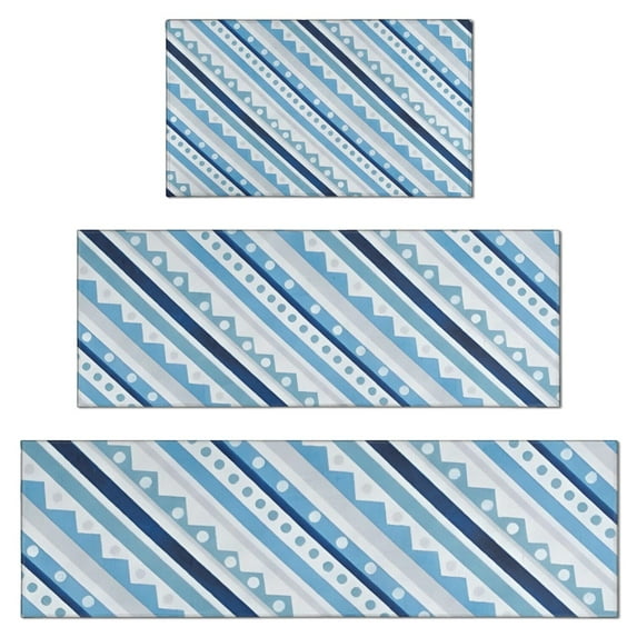 Blue Geometric Stripe Pattern Kitchen Rugs Sets Of 3,Kitchen Runner Rugs Non Skid Washable,Decorative Kitchen Floor Mats for Kitchen,Sink,Laundry,17"x30"+ 17"x47" + 17"x59"