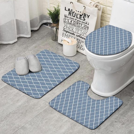 Blue Geometric Striped Pattern Bathroom Rugs Sets 3 Piece,Toilet Cover Set,Absorbent Non Slip Bathroom Mats Sets with U-Shaped Contour Rug Toilet Rug Set