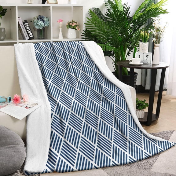Blue Geometric Striped Pattern Blanket,Comfortable Soft Flannel Throw Blanket,All Season,Warm Lightweight Blankets for Sofa Bed Couch Living Room Chair,60"x80"