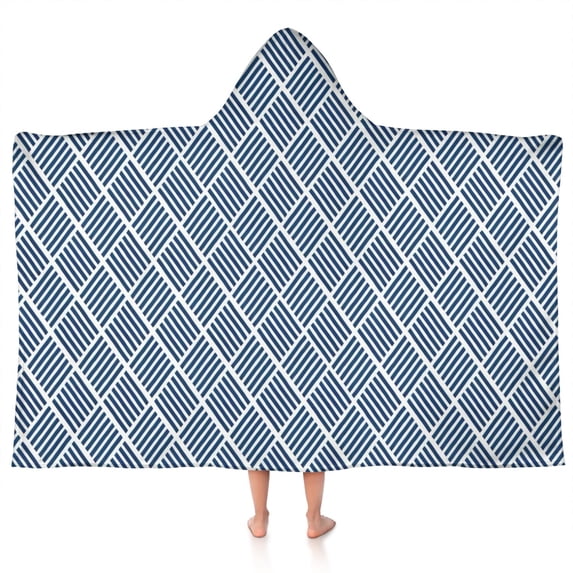Blue Geometric Striped Pattern Hooded Bath Towel,50"x30" for Ages 3 To 12 Kids, Quick Dry Lightweight Soft Microfiber Hood Beach Towel Cover Up for Kids