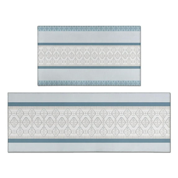 Blue Geometric Striped Pattern Kitchen Rugs Sets Of 2,Anti Fatigue Kitchen Mat Rugs Non Slip Washable,Decorative Kitchen Floor Mats for Kitchen,Sink,Laundry,17"x30"+17"x47"
