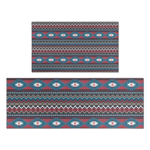 Blue Geometric and Striped Pattern Kitchen Rugs Sets Of 2,Anti Fatigue Kitchen Mat Rugs Non Slip Washable,Decorative Kitchen Floor Mats for Kitchen,Sink,Laundry,17"x30"+17"x47"