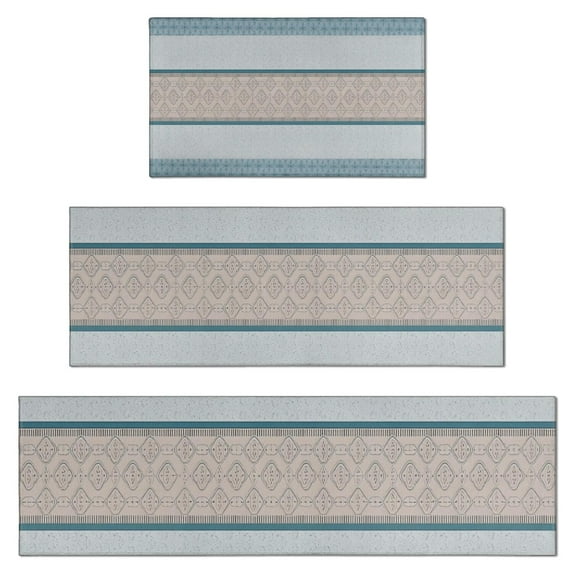 Blue Geometric Striped Pattern Kitchen Rugs Sets Of 3,Kitchen Runner Rugs Non Skid Washable,Decorative Kitchen Floor Mats for Kitchen,Sink,Laundry,17"x30"+ 17"x47" + 17"x59"