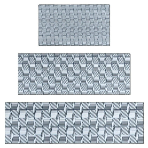 Blue Geometric Striped Pattern Kitchen Rugs Sets Of 3,Kitchen Runner Rugs Non Skid Washable,Decorative Kitchen Floor Mats for Kitchen,Sink,Laundry,17"x30"+ 17"x47" + 17"x59"