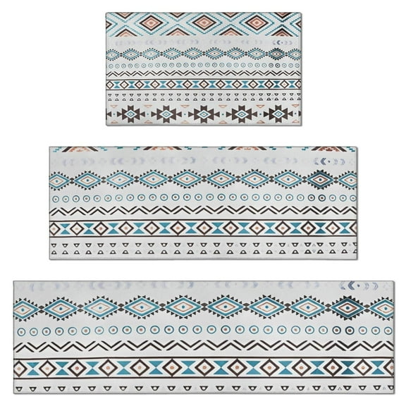 Blue Geometric and Striped Pattern Kitchen Rugs Sets Of 3,Kitchen Runner Rugs Non Skid Washable,Decorative Kitchen Floor Mats for Kitchen,Sink,Laundry,17"x30"+ 17"x47" + 17"x59"