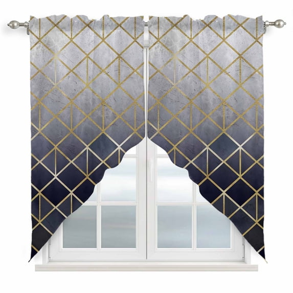 Blue Geometric Swag Curtains for Kitchen/Bedroom/Living Room, Modern Abstract Gradient Marble Scalloped Curtains 63 Inch Long, Rod Pocket Window Swag Topper Curtains Valances 2 Panels Set 36"x63"