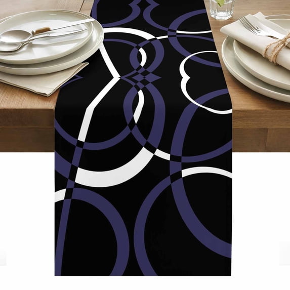 Blue Geometric Table Runner - 120 Inch Long, Kitchen Dining Table Runner Dresser Scarves, Contemporary White Abstract Lines Black Farmhouse Decor for Coffee Tables Wedding Party Banquet