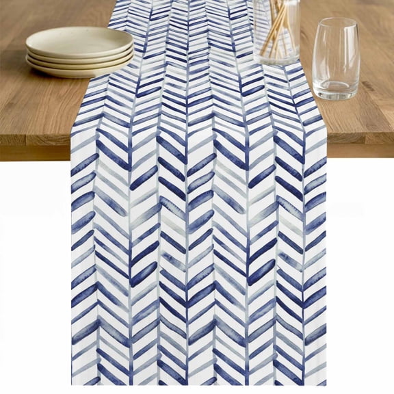 Blue Geometric Table Runner - 48 Inch Long Watercolor Chevron Abstract Cotton and Linen Blended Dress Scarves Farmhouse Table Runner for Kitchen Dining, Coffee Table, 13" x 48"