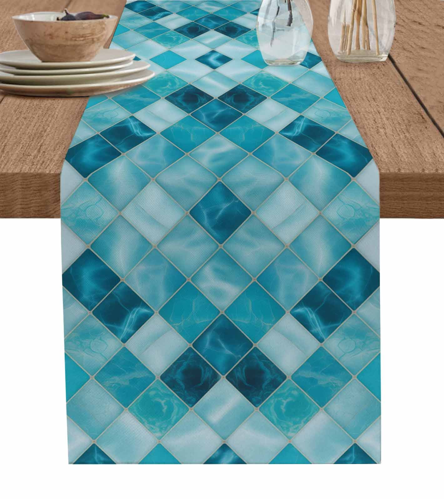 Blue Geometric Table Runner 70 Inches, Modern Diamond Texture Ombre ...