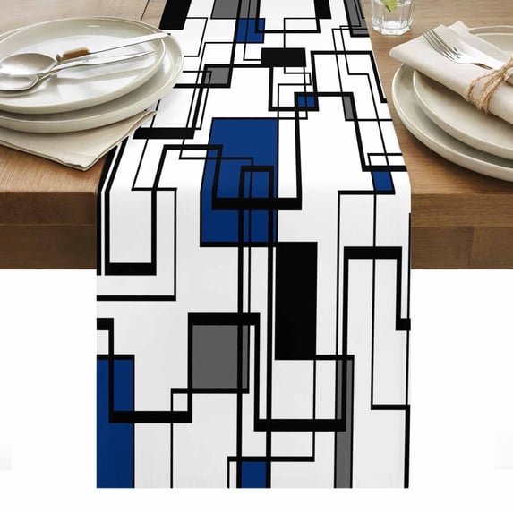 Blue Geometric Table Runner - 72 Inch Long, Kitchen Dining Table Runner Dresser Scarves, Minimalist Black Gray Abstract Striped Farmhouse Decor for Coffee Tables Wedding Party Banquet