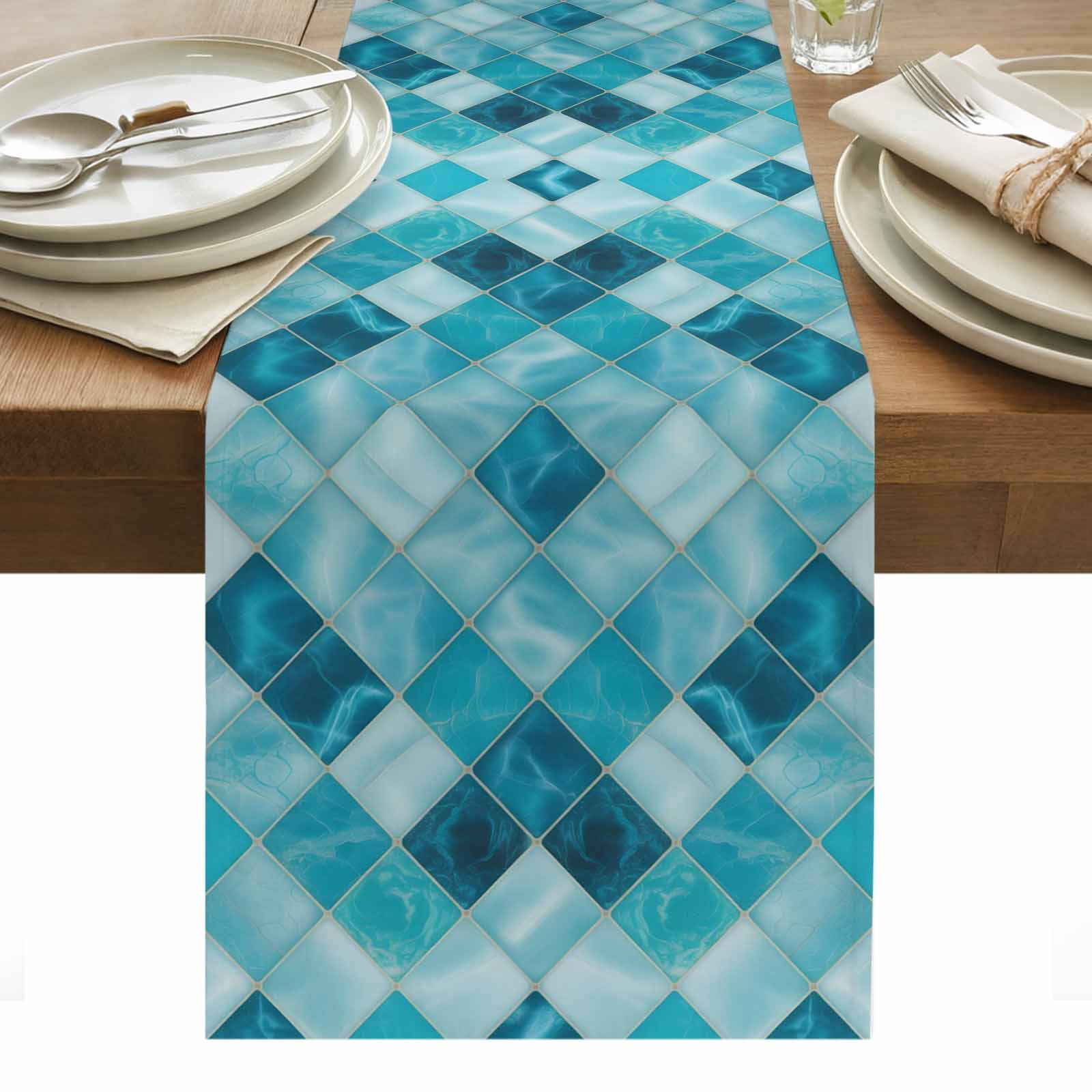 Blue Geometric Table Runner - 90 Inch Long, Kitchen Dining Table Runner ...