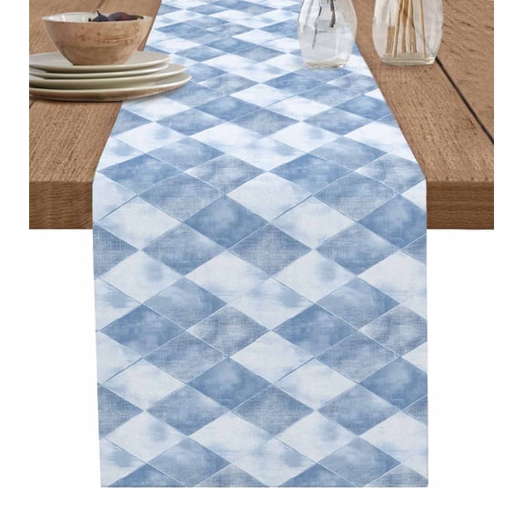 Blue Geometric Table Runner Cotton Linen 108 Inch Holiday Dresser Scarves, Simplistic Modern Abstract Hexagon Art Tablerunner for Kitchen Coffee Dining Bedroom Dinner Scarf Décor 13''x108''