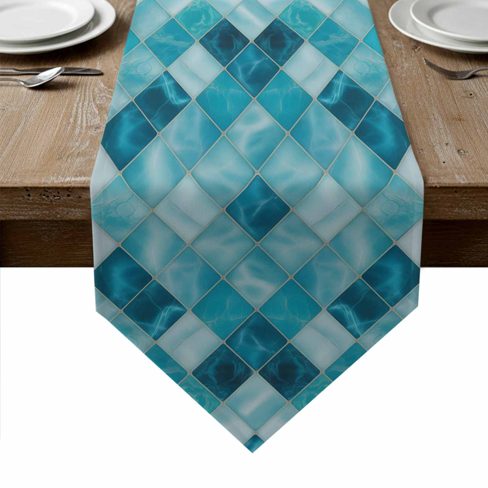 Blue Geometric Table Runner Linen Burlap Table Runner 60 Inches Long ...