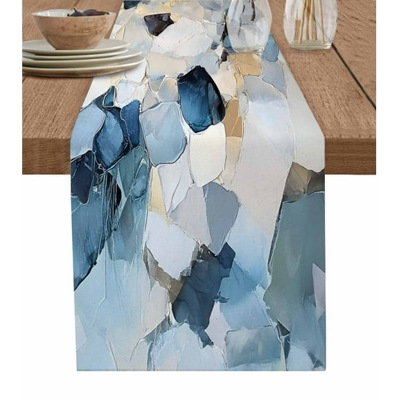 Blue Geometric Table Runner Modern Abstract Oil Painted Tablerunners 13 x 90 Inch, Table Decorations Tabletop Scarf for Summer Gathering Holiday Farmhouse Kitchen Dining Decor