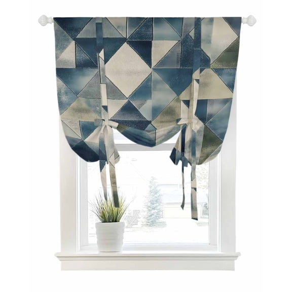 Blue Geometric Tie Up Curtains for Window, Thermal Insulated Balloon Shade Adjustable Rod Pocket Curtains Valance Panels for Kitchen Bathroom Cafe 42 x 45 Rhombus Modern Abstract Art