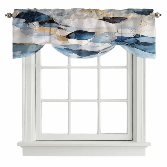Blue Geometric Tie Up Valance Curtains for Windows, Kitchen Curtains Window Shades, Modern Abstract Oil Painted Light Filtering Roman Curtain Valances for Bedroom/Bathroom/Cafe 42"x12"