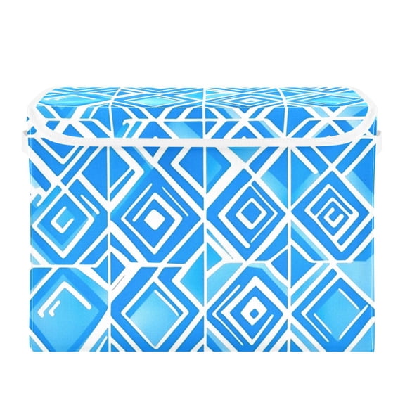 Blue Geometric Tile Pattern Large Storage Bins with Linen Collapsible Lid Storage Box 16.7 x 12.6 x 11.8in