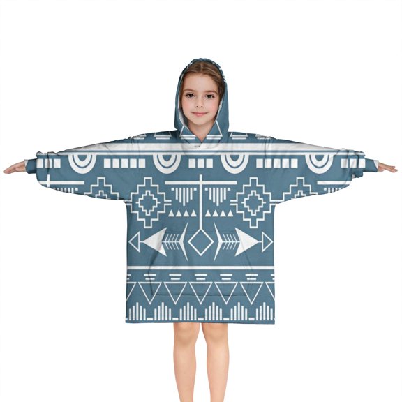 Blue Geometric Triangle Arrow Pattern Blanket Hoodies for Kids 6-13YR Oversize Wearable Blanket Hoodies for Boys Girls Teens